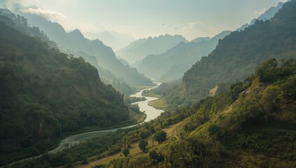 Fototapeta premium Mulah river flowing through Valley of the Mula in Kachin State, wildlife habitat conservation effort