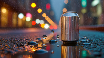 A close-up of a silver tin can sitting in a puddle on a city street. Drops of water are visible on the metal surface, and in the foreground are clear raindrops on the asphalt. The background is blurre