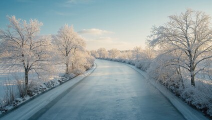 Obraz premium Bird's-eye perspective of icy river amid snow-laden trees, highlighting seasonal change