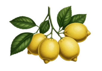 Detailed botanical illustration of four vibrant yellow lemons and fresh green leaves on a woody branch, isolated on a transparent background with copy space, concept of natural vitality and healthy