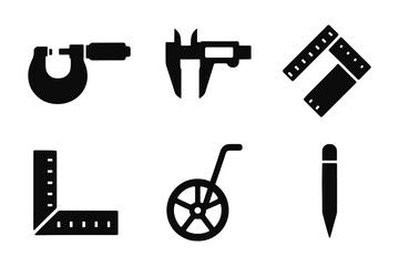 Set of silhouette measuring tools icons: calipers, ruler, protractor, and more