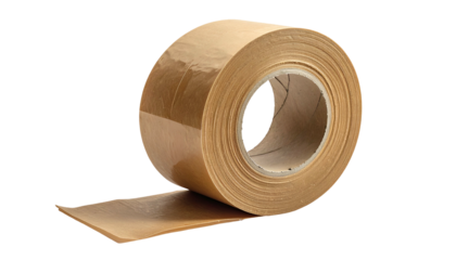 A roll of brown, packing tape, partially unrolled, set against a black backdrop