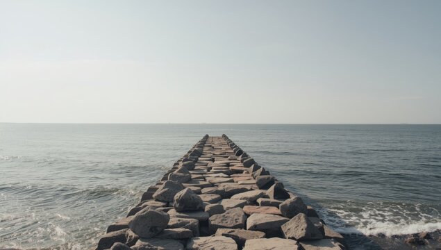 Seaside scene at Yantarny with waves and large breakwaters, shoreline stability, Kaliningrad region