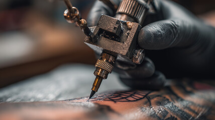 Close up view of a tattoo machine in operation on the skin with detail and precision of the ink.