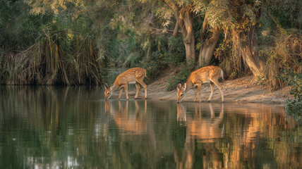 Wild animals drink water on the riverbank with calm natural behavior and clear reflections on the water surface.