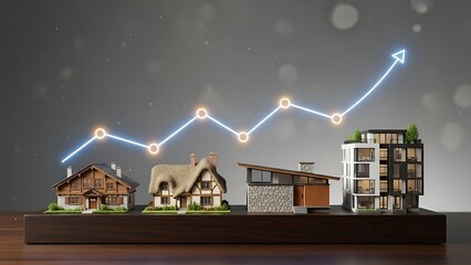 Rising real estate values illustrated with house models and an upward trend graph. 1031 Exchange in real estate for commercial property strategy