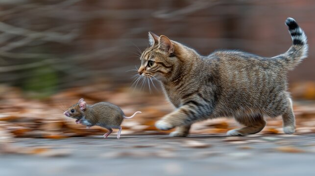 High speed chase, cat chasing mouse, motion blurred.