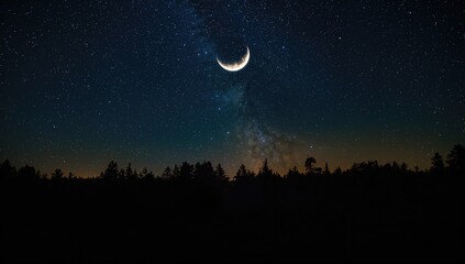 Starry night scene over a forest with a waning crescent moon, suitable as a background for outdoor or astronomy themes, Earth Day