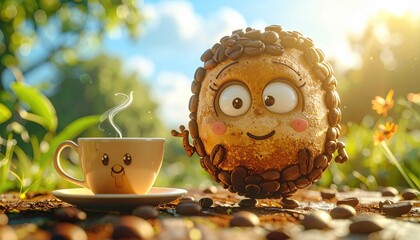 Charming Coffee Bean Character Smiles Beside Steaming Coffee Cup in Sunny Garden Morning Light