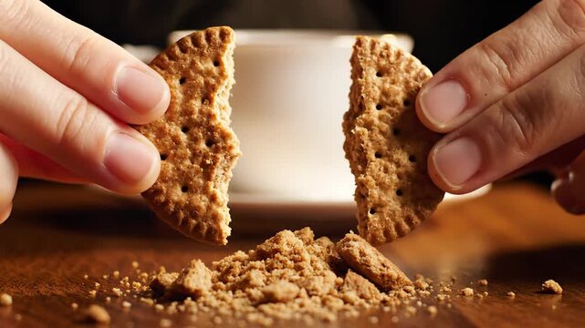 Close Up Of Hands Breaking A Round Brown Biscuit Over A Wooden Table With A Steaming White Mug In The Background And Crumbs Falling