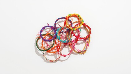 Brightly colored embroidered friendship bracelets made with thread and knots for DIY jewelry projects, ideal for creative expression