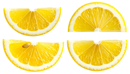 Four lemon slices, arranged, showcasing juicy segments and a bright yellow color on black