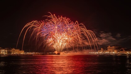Celebratory fireworks display with smoke and vibrant colors in Pontevedra's festivities, night sky, lively event