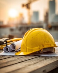 Yellow safety helmet with construction plans on wooden table at urban building site