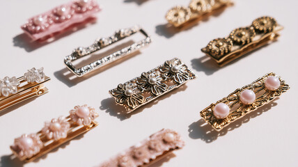 Women's hair clips are hair accessories with shiny and matte textures isolated on a white background.