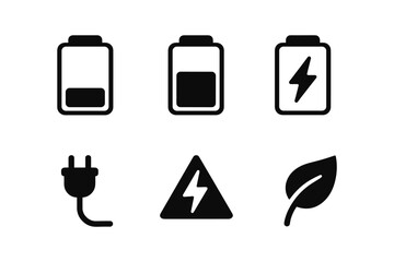 Black and white icons of battery levels, charging symbols, and eco-friendly elements