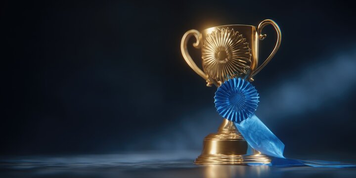 Gleaming golden trophy with blue rosette, spotlight, against dark backdrop