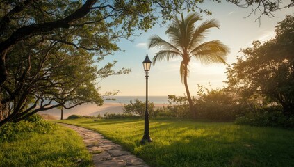 Beachside garden park with street lamp and coconut tree along walkway at sunset, outdoor relaxation