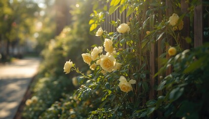 Naklejka premium City garden scene with blooming Lady Bank roses and lush spring foliage, floral arrangement for urban landscape