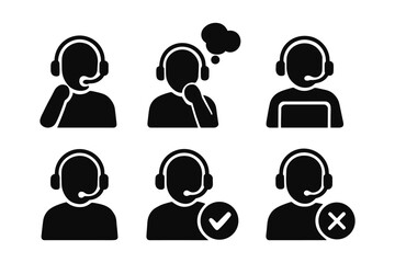 Call center icon set: customer support silhouettes with headsets and status indicators