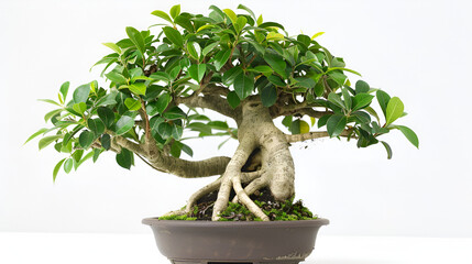 Beautiful bonsai tree in brown pot on white background