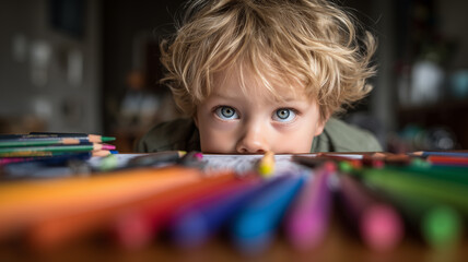 A child is coloring with crayons and colored pencils on a table.