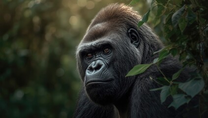 Fototapeta premium Mountain gorilla with attentive expression among trees, highlighting mammal face and hair, World Wildlife Day