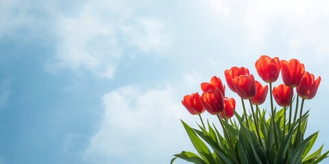 Red tulips blooming beneath a cloudy sky, suitable as a vibrant floral background for text or layout, Earth Day