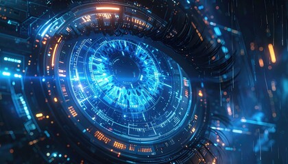 Close Up Abstract Futuristic Digital Eye With Glowing Blue Iris And Orange Circuitry Details In Dark Background