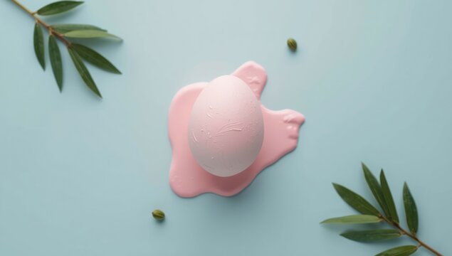 Eggshell surface painted pastel pink against a blue background, ideal for editorial header or decorative backdrop, Easter