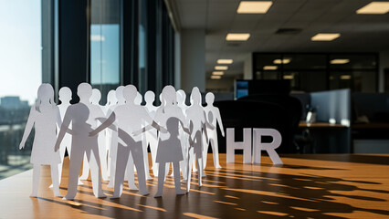 Paper cutouts of diverse people with HR sign in modern office  