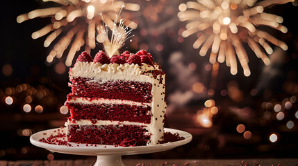 Delicious red velvet cake with cream cheese frosting and raspberries