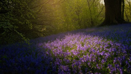 Bluebell flowers during dusk, highlighting natural floral display and time of day