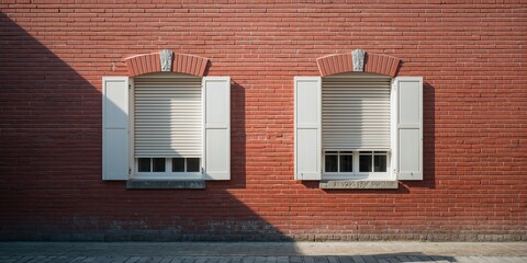 Sunlit red brick wall with aged facade and two window shutters, useful as an editorial header background