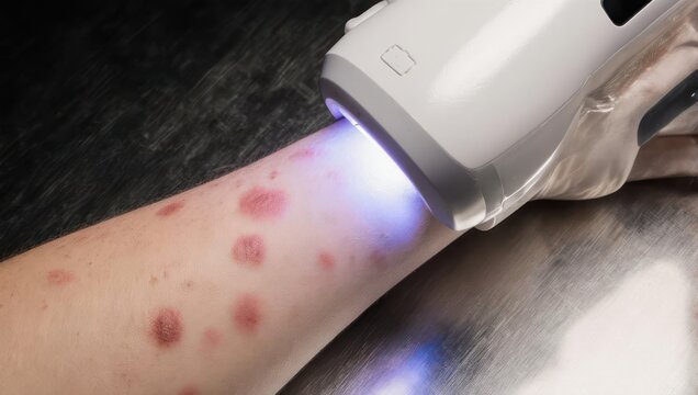 Dermatologist using a handheld UV light device to examine a patients skin for rashes or lesions.