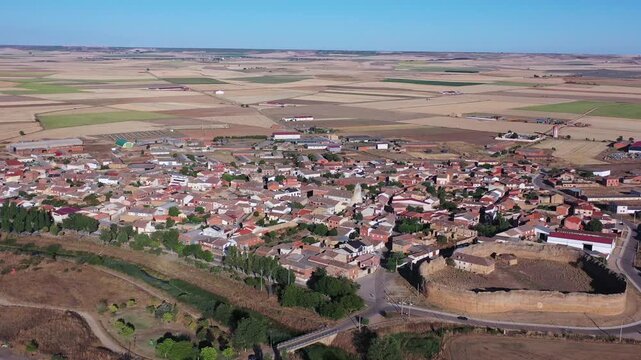 Aerial View of San Pedro de Latarce Village with Circular Castle, Valladolid, Spain