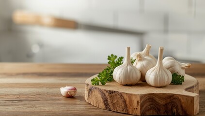 Fresh garlic on a rustic wood surface, focusing on kitchen hygiene and culinary efficiency, International Culinary Day