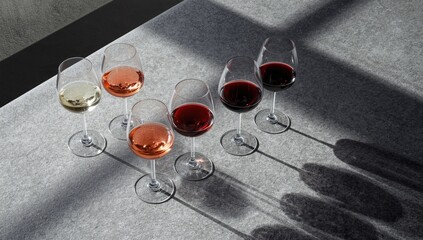 Set of red, rose and white wine glasses arranged on gray table, ideal for editorial header backgrounds