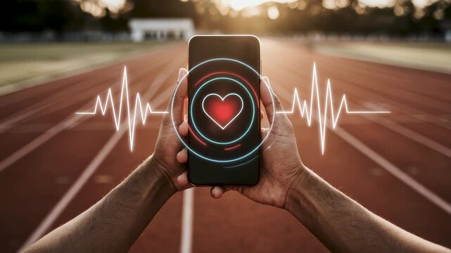 Health fitness technology wearable tracking digital monitoring exercise smart device, showing smartphone heart rate app for wellness, athletic training, and real-time performance monitoring. - Powered by Adobe