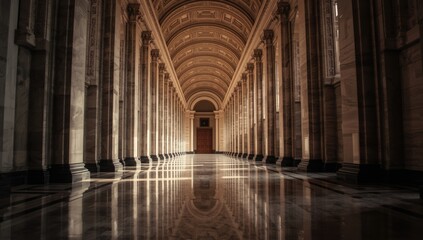 Corridor in a government building featuring traditional architecture and polished stone surfaces, daytime