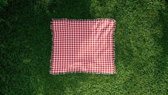 High-angle shot of a grass-covered picnic tablecloth serving as a natural outdoor surface