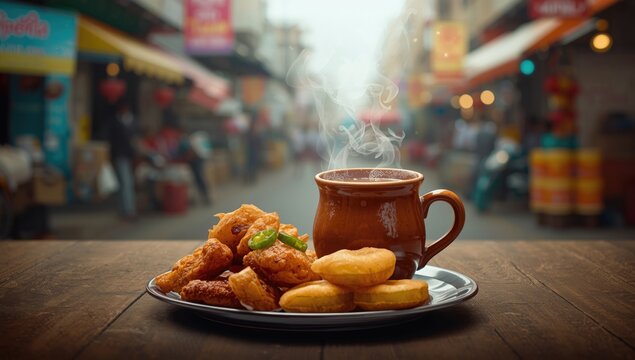 Traditional Indian drink accompanied by deep-fried street food, emphasizing snack pairing and flavor contrast