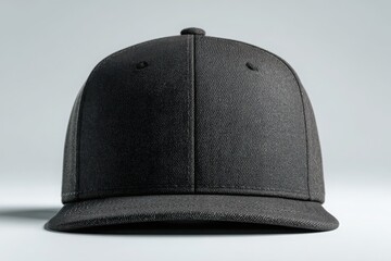 A shiny black cap with a textured surface, set against a light gray background, highlighting its unique design. Snapback cap mockup