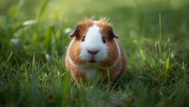 Small guinea pig feeding on lush grass, highlighting herbivorous diet for rodents
