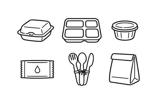 Minimalist line art of eco-friendly food packaging and utensils collection