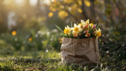 Paper bag of spring flower bulbs including daffodils and tulips, gardening activity for seasonal planting
