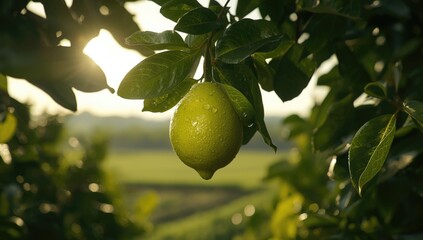 Fresh green lemon on a tree, emphasizing organic cultivation and sustainable farming practices, World Environment Day