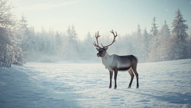 Reindeer grazing in a snowy landscape at a winter farm in Lapland, highlighting habitat preservation efforts