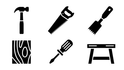 Carpentry tools and woodworking essentials icon set for construction and diy projects
