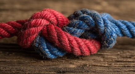 Red and blue rope tied in a complex knot, close up on aged wooden board